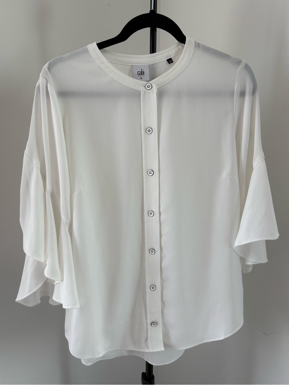 CAbi White Button-Front Blouse with Ruffle Sleeves